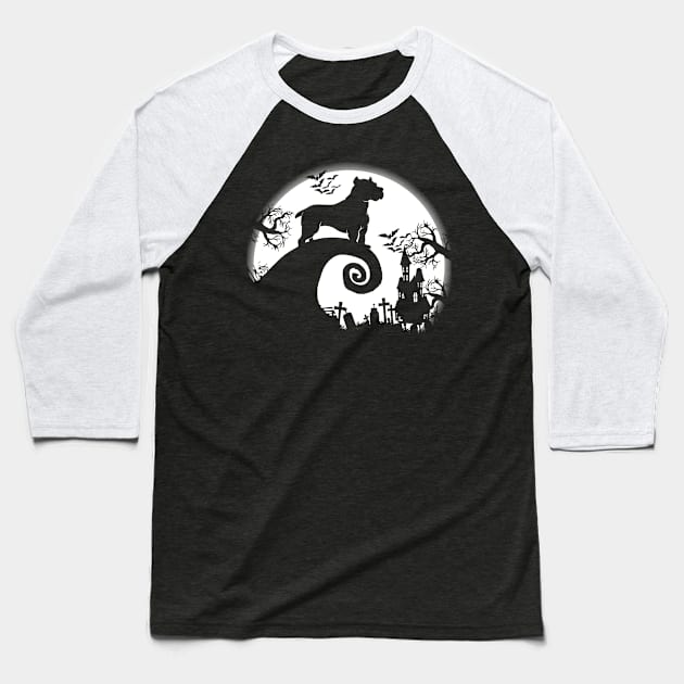 Pitbull And Halloween Moon Baseball T-Shirt by celestewilliey